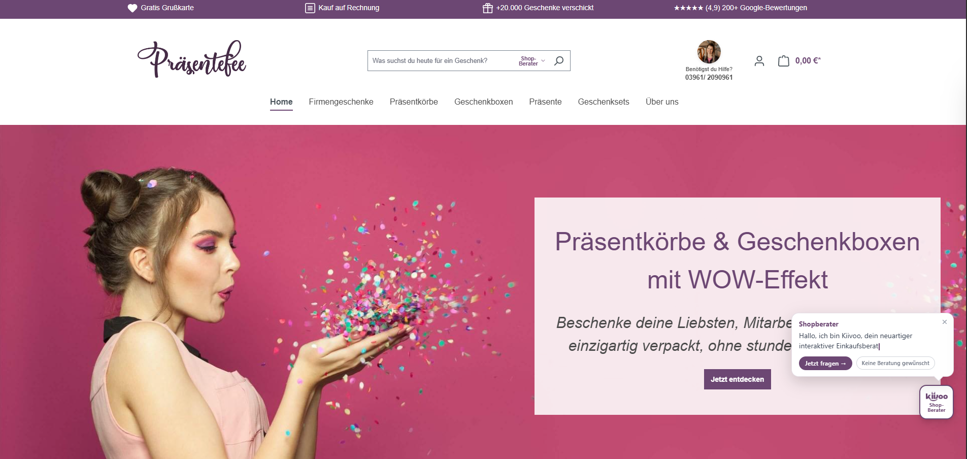 Screenshot von praesentefee.de mit Kiivoo-Chat-Bubble